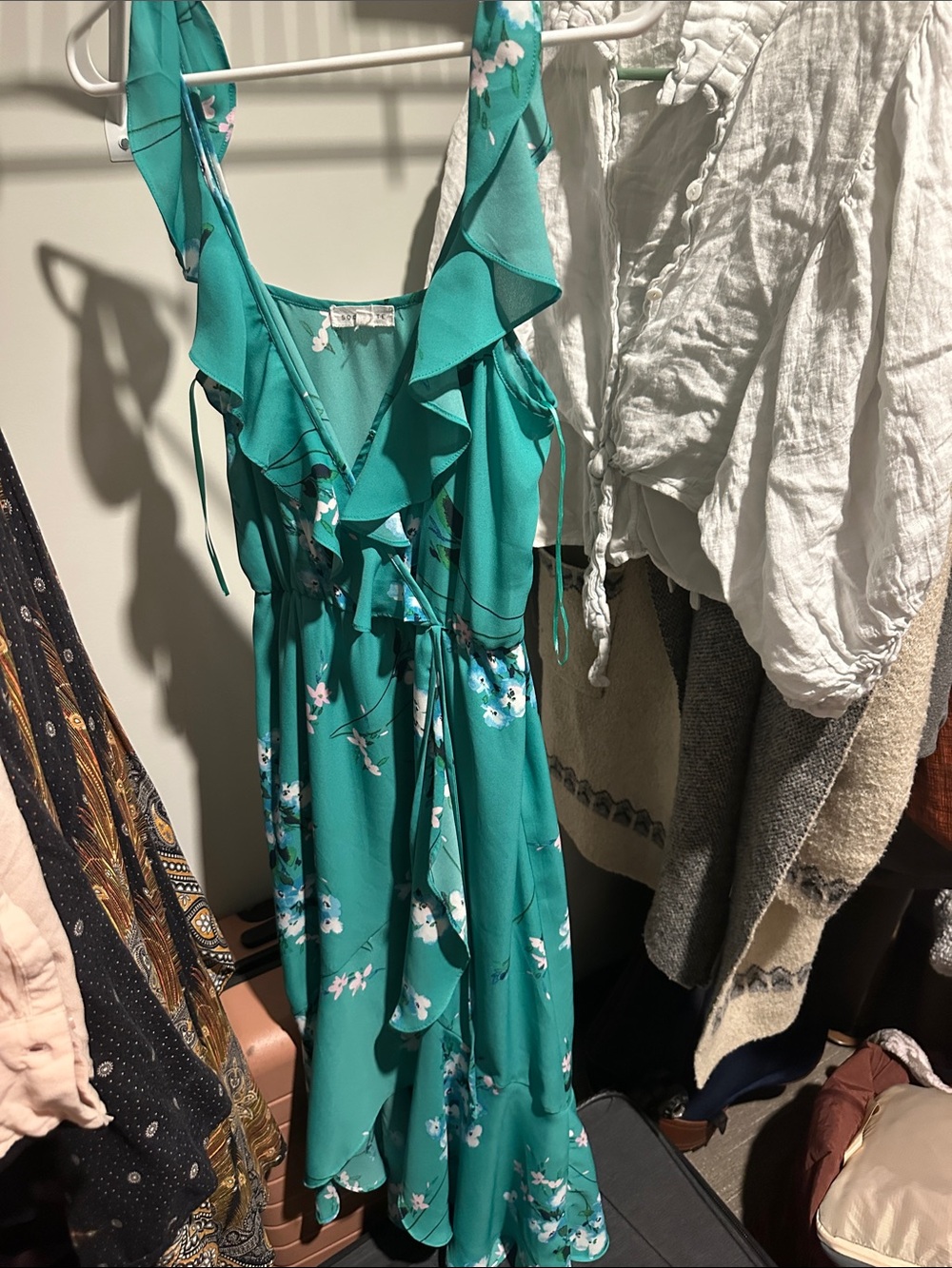 Teal Floral Ruffle Wrap Dress